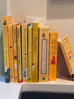 Lot of 10 yellow shelf decor happy books- home decor - shelf decor